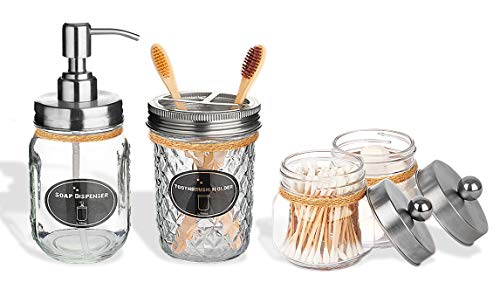 BSICPRO Mason Jar Bathroom Accessories Set(4 Pcs) -Lotion Soap Dispenser &Cotton Swab Holder Set &Toothbrush Holder-Rustic Farmhouse Decor Apothecary Jars Vanity Organizer (Silver)