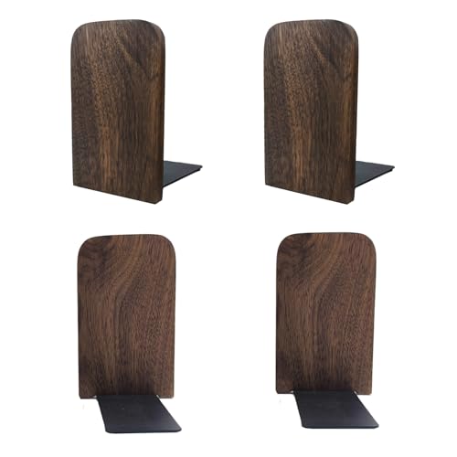 RHONZHAO Wood Book Ends for Shelves, Non-Skid Wood Bookends, Heavy Duty Book Stand Support for Books and Movies (Walnut-2 Pair, Medium)