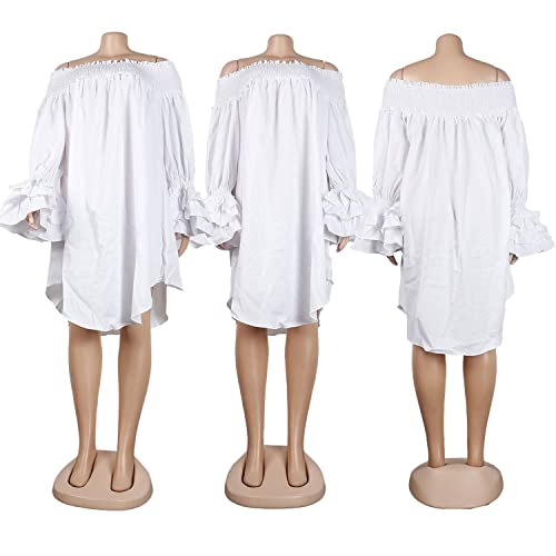 MESLIMA Women's Casual Plus Size Shirred Off Shoulder Bell Long Sleeve Ruffle Loose Irregular Hem Midi Dress2