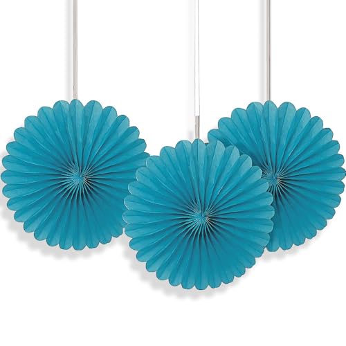 Solid Caribbean Teal Blue Hanging Tissue Paper Fans - 6'' (3 Count) - Perfect For Parties & Home Decor