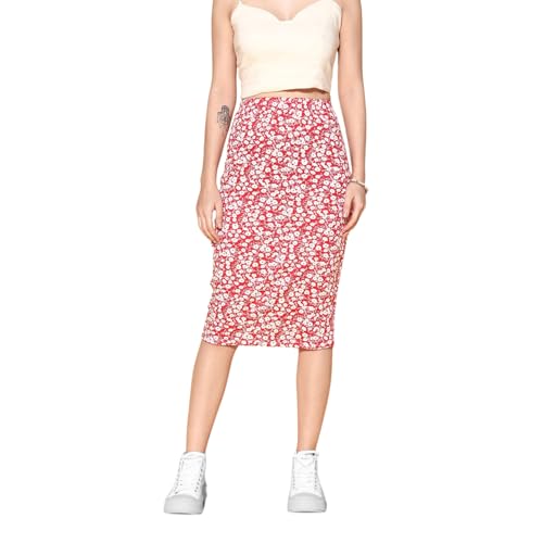 Berrylush Women Red & White Floral Printed Slip-On Straight Hem Pencil Midi Skirt Deal