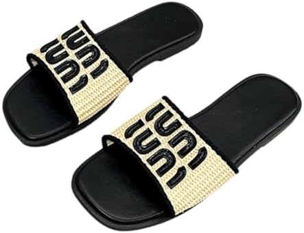 Womens Woven Slide Sandals, Casual Flat Open-Toe Slippers with Decorative Letters IUNI, Lightweight Slip-On for Indoor & Outdoor