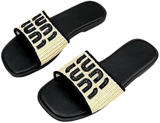 Women's Woven Slide Sandals, Casual Flat Open-Toe Slippers with Decorative Letters IUNI, Lightweight Slip-On for Indoor & Outdoor