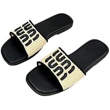 Womens Woven Slide Sandals, Casual Flat Open-Toe Slippers with Decorative Letters IUNI, Lightweight Slip-On for Indoor & Outdoor