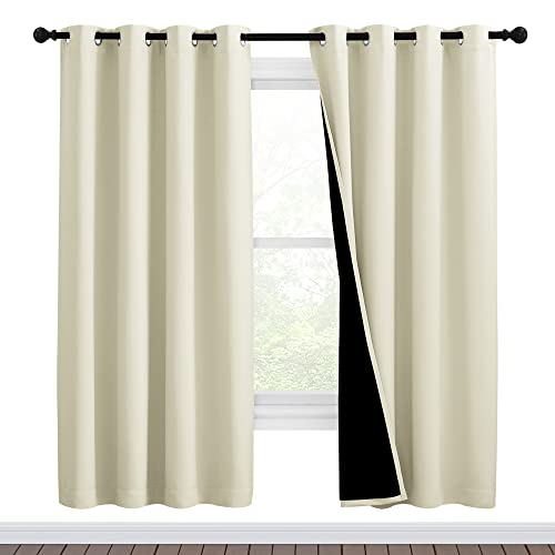 NICETOWN Living Room Completely Shaded Draperies, Privacy Protection & Noise Reducing Ring Top Drapes, Black Lined Insulated Window Treatment Curtain Panels (Beige, 2 Pieces, W46 x L72) by NICETOWN - Used condition - US$33.18