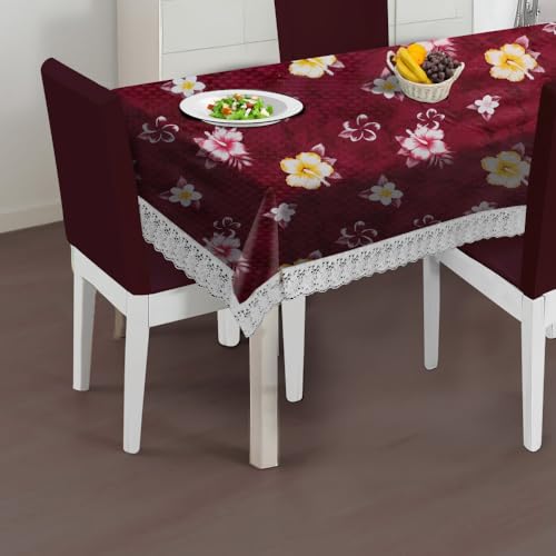 Image of The Furnishing Tree Waterproof PVC Rectangle Shaped 8 Seater Table Cover WxL 60x108 inches Floral Pattern Red with White Border lace