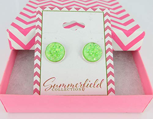 Silver-tone Lime Green AB Faux Druzy Stone Stud Earrings 12mm