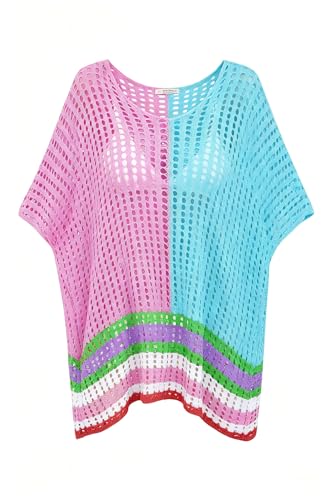 Robe de plage pour femme ample multicolore aspect crochet rose