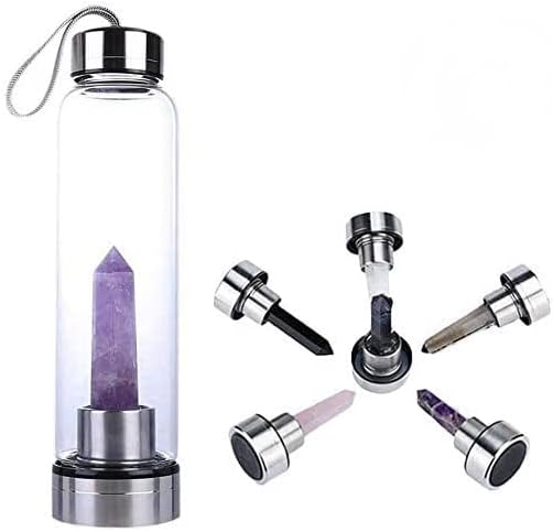 Natural Crystal Glass Water Bottle, Water Bottle with Gemstone Center Crystal Elixir Bottle with Natural Crystal Point Healing Obelisk Handheld Glass Energy Bottle (Amethyst)