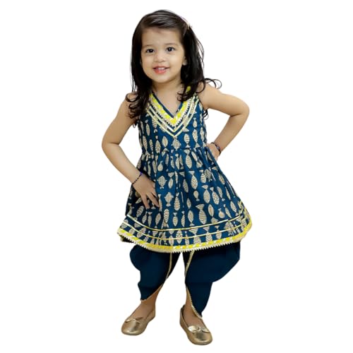 Image of BownBee Halter Neck Pure Cotton Fish Print Kurti with Harem for Girls- (Set of 1) Solid /Printed colorful full length fully stitched regular fit Ethnic wear dress for Kids