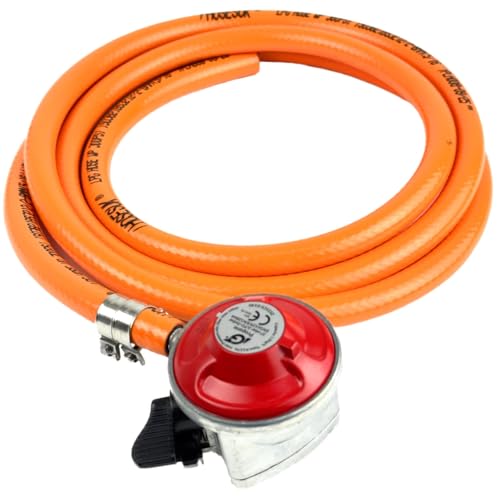 Image of Propane Regulator (Red) 27mm Clip On 37mbar + 8mm LPG Gas Hose + Clips 1 Metre Patio BBQ Gas Regulator