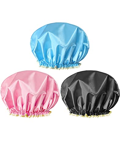 Ounic Reusable Shower Cap, 12Inch Large Shower Cap For Women Reusable Waterproof For Bath & Bathing Accessories, Eco-Friendly Bathing Hair Cap For Women-3 Pack #TOP2