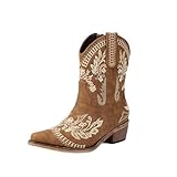 Women's Cowboy Ankle Boots Western Booties with Sparkly Rhinestone Low Heel(Tan,10)