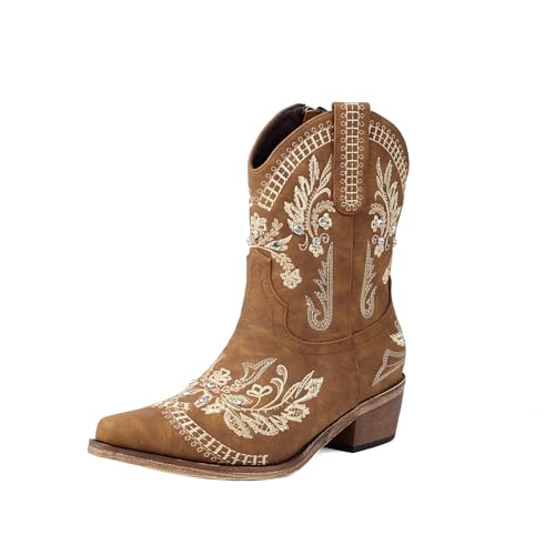 Image of Women's Western Ankle Booties Pointed Toe Cowgirl Boots with Fringe Tassels or Sparkly Rhinestone Fashion Short Boots for Casual Daily Wear