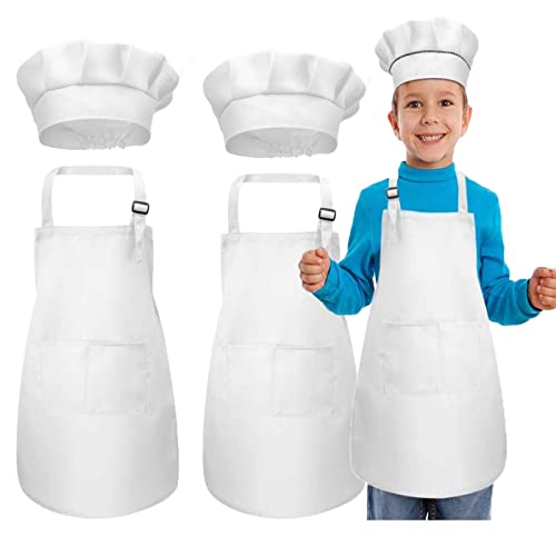 3 Set Tabliers Pour Enfants et Chapeau de Chef, Blanc Tablier Cuisine Enfants, Réglable Tablier Chef Enfants, Tabliers de Cuisine Tout-Petits avec Poches Pour Garçons Filles Cuisson Peinture 3-6 Ans Cover