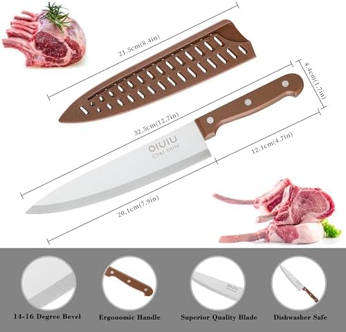 OLULU 8 inch Chef Knife, Razor Sharp Kitchen Knife with Protective Knife Sheath, Razor Sharp Slicing Knife with Ergonomic Handle, German Stainless Steel, Dishwasher Safe (Brown Color) - 1