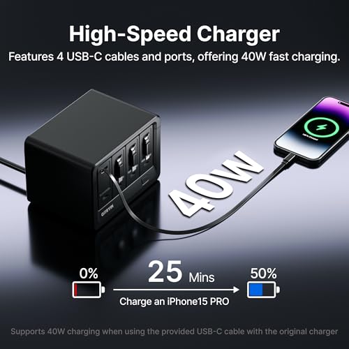 Image of Gitryin 12-in-1 Desktop Charging Station with 3 Retractable Type-C Chargers and 1 Lightning Charger, 40W USB-C Power Strip with Flat Plug, Extension Cord with 1020J Surge Protection for Home Office