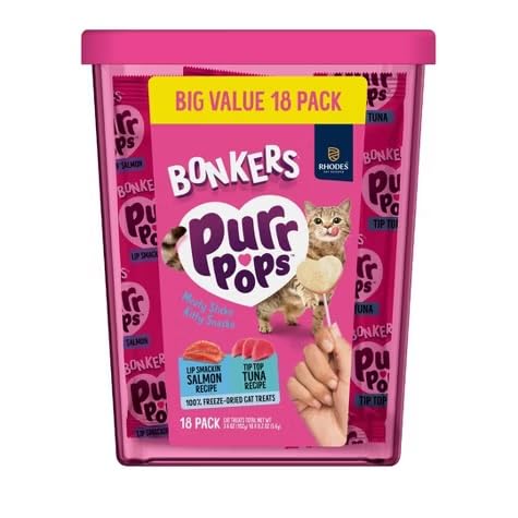 Bonkers Purrpops Freeze Dried Tuna & Salmon Flavor Lollipop Cat Treats, Healthy Real Meat Treats, Training Treats or Food Topper, for All Breeds and Ages, Value Pack (18 Pieces)