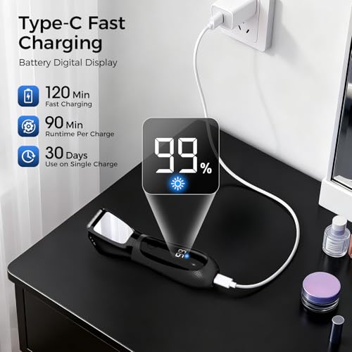 Image of Bikini Trimmer for Men, 2 in 1 Electric Razors Shaver, IPX7 Waterproof Body Hair Trimmer with Mirror, LED Light & Display, Painless Pubic Hair Removal, Black