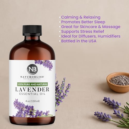Image of NaturoBliss Lavender Essential Oil with Glass Dropper - 100% Pure and Natural - Essential Oils for Diffuser, Aromatherapy, Soap and Candle Making, Lavender Essential Oil Pure, Lavender Oil, 4 Fl Oz