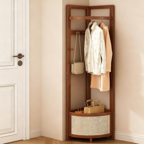 Corner Coat Rack with Clothes Rail and 4 Hooks, Standing Corner C...
