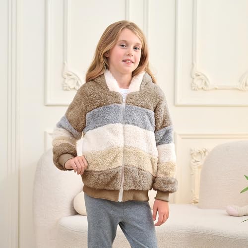 Image of Girls Zip up Hoodie Kids Fuzzy Fleece Jacket with hood Fall Winter Contrast color Pullover Sweatshirt 4-14 Years