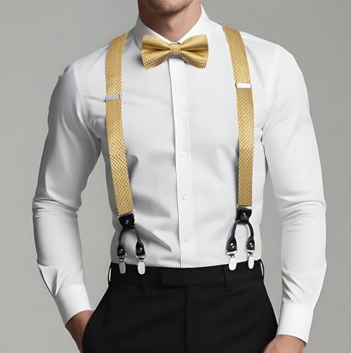 Image of Dubulle Suspender and Bow Tie for Men Paisley Solid Mens Suit Braces Pretied Bowtie and Handkerchief Cufflinks Formal Wedding