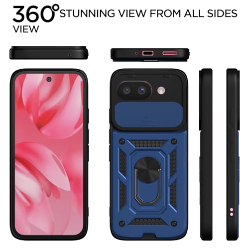 Image of Pikkme Back Cover for Google Pixel 9A | 360 Protection Case | Sliding Camera Shield Cover & Ring Holder Stand D10 Tough Armor Bumper Case (Blue)