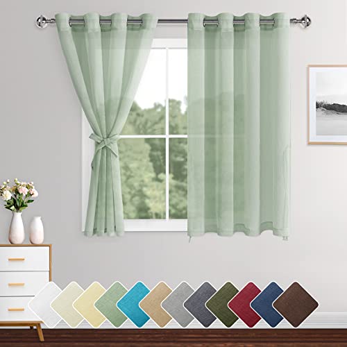 XWZO Sheer Curtains 2 Panels Linen Look Voile Curtains Semi Transparent Grommet Tieback Window Curtains for Bedroom,Light Filtering,Airy & Breathable Voile Drapes,Bean Green,W55*L57