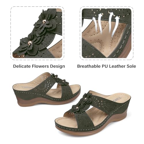 Image of TEMOFON Womens Wedge Sandals Leather: Comfortable Walking Shoes Summer | Fit Wide Foot - Cute Style - Wear True Size 5-11