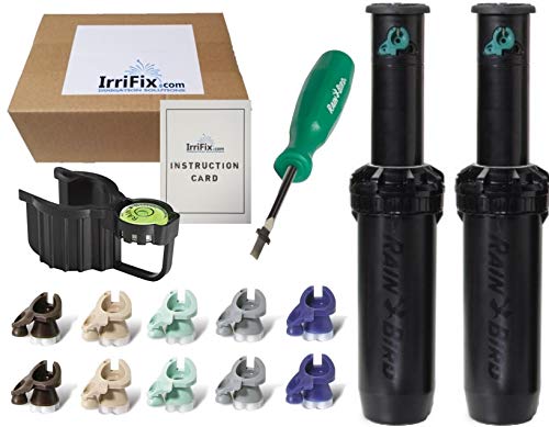 IrriFix Box Set - 2 Pack Rain Bird Falcon 6504PC Seal-A-Matic (SAM) Part Circle Sprinkler Head Kit - Including 5 Nozzles for Each 6504 Head, Leveling Hold Up Tool, Rotortool, and Instruction Card