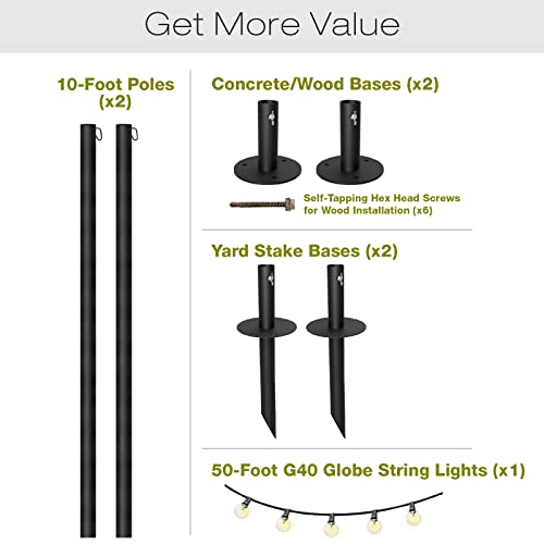 EXCELLO GLOBAL PRODUCTS Bistro String Light Poles - 2 Pack - Extends to 10 Feet - Universal Mounting Options Included with 50 ft. of G40 LED Lights (50 Lights) by EXCELLO GLOBAL PRODUCTS - Image 5