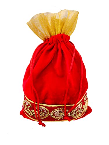 Image of Fabric 18Cm X 24Cm Large Velvet Drawstring Bags Pouches Potli For Gift Wedding Jewelry Packaging Bridal Party Favors For Women (5 Pc Set, Red Color)