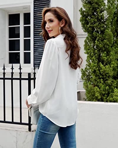 Womens Button Down Shirts Long Sleeve Collared Office Dress Blouse Dressy Casual Chiffon Business Work Tops White #TOP2