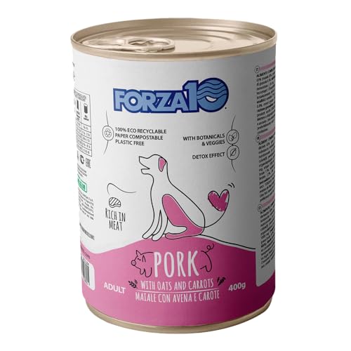 Forza 10 Umido Cane gusto MAIALE, alimento completo di mantenimento per cani adulti di tutte le taglie e razze, for dogs, pork | 6 scatolette da 400 grammi l'una.
