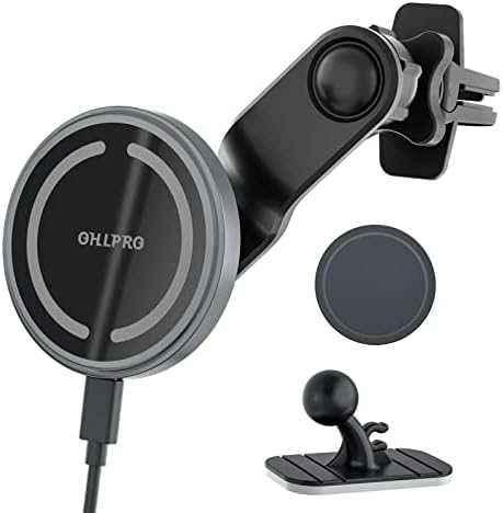 Magnetic Wireless Car Charger Compatible with MagSafe Car Mount Secure Stick On Dashboard and Air Vent Clamp Phone Holder 15W Fast Charging, Specially esigned for iPhone 14/13/12 Series Phones（Grey）
