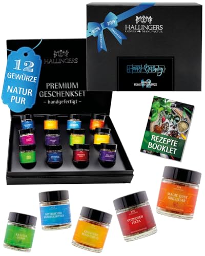 Hallingers Genuss Manufaktur Gewürze Geschenkset Geburtstag – 12 Premium Gewürze im Glas, edle Geschenkbox zum Kochen & Grillen, Gewürz Set Happy Birthday, Geschenkidee für Männer, auch Weihnachten