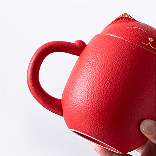 Duanmul Cat Mug Cute Ceramic Coffee Cup With Infuser And Lid,Filter For Steeping Loose Leaf,Kawaii Coaster,Novelty Morning Cup Tea Milk Christmas Mug Chinese Handmade Porcelain Teacup(Red) #TOP7