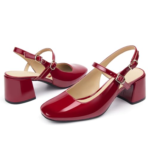 Image of AprCoco Womens Mary Jane Chunky Low Block Heels Pumps Square Toe Buckle Strap Wedding Party Dress Shoes