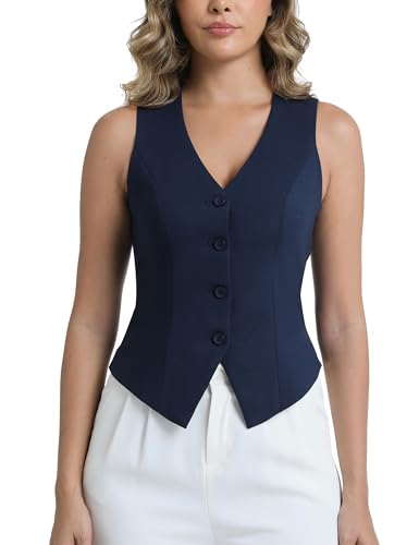 CEITAJUI Womens Suit Vest V-Neck Button Vest Tops Sleeveless Fully Lined Slim Fit Casual Dressy Waistcoat, Navy Blue M