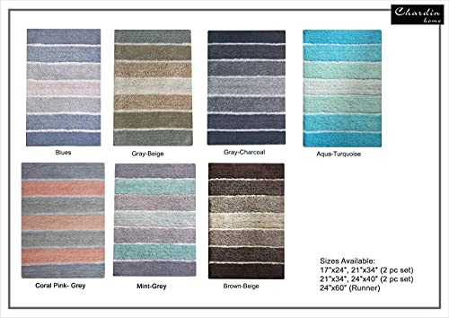 Chardin Home Cordural Stripes Bath Mat, Set Of 2 Bath Rugs (17 Inches X24 Inches & 21 Inches X34 Inches) | Non Slip Bathroom Rug, Machine Washable, Plush, Highly Absorbent | Bluish Gray- Beige #TOP6