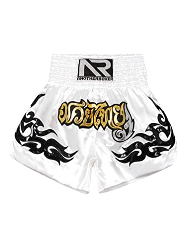 Foto von winying Herren Thaiboxhose Muay Thai Shorts Thaiboxen Kampf Kickboxen Boxenshorts Kurz Hose Pants Sportshorts Sommershorts Thai Trainingsshort Weiß XL
