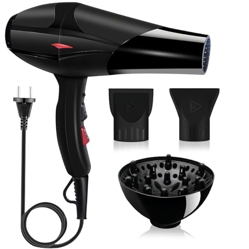 CASAMIEL Secador de Pelo Profesional, Secadora de Cabello de 2300W con Luz Azul, 2 Velocidades y 3 Temperaturas Ajustables Frío y Caliente, con Boquillas y Difusor