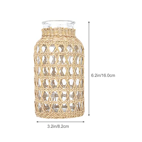 Cabilock Clear Flower Vase With Rattan Woven Cover Flower Bud Container For Farmhouse Floral Arrangements Housewarming Party Decorations (3.2X3.2X6.2 Inch) #TOP1