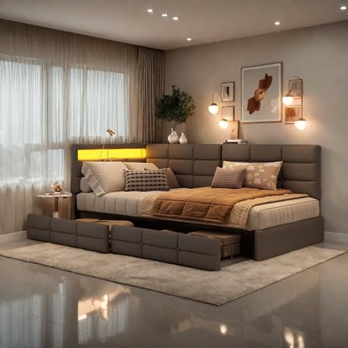 Julyue Polsterbett Schlafsofa 90x200 mit 2 Schubladen Stauraum, Jugendbett 90x200 mit LED-Beleuchtung und USB-Ladestation, Einzelbett mit Lattenrost aus Holz,Leinen Grau(ohne Matratze)