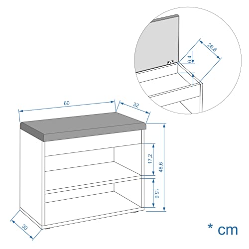 Komto Shoe Storage Bench with Cushion – Hallway Seat with Storage, Narrow Shoe Rack Bench for Entryway or Indoor Use – Concrete, 60cm - Image 2