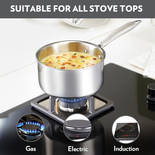 Image of Borosil Cookfresh Triply Stainless Steel 16cm (1.7L) Straight Shape Sauce Pan with Lid | SS304 Food Grade Steel, Dishwasher Safe | Compatible for Gas, Induction, Hot Plate, Halogen | 5 Years Warranty