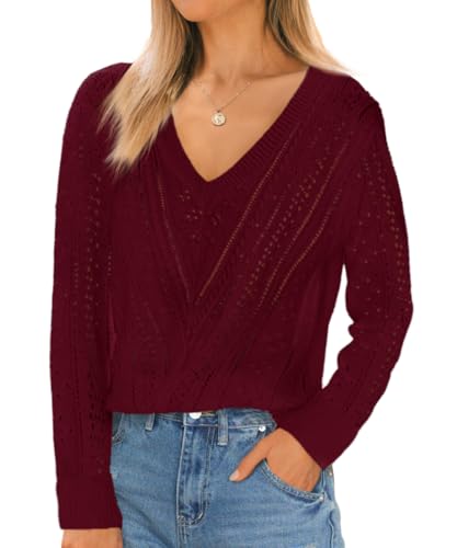 Imily Bela Pullover für Damen Herbst Langarm,V-Ausschnitt,Schulterfrei,Leichter Ausgehöhlt Crochet Strickpullover(Weinrot,S)