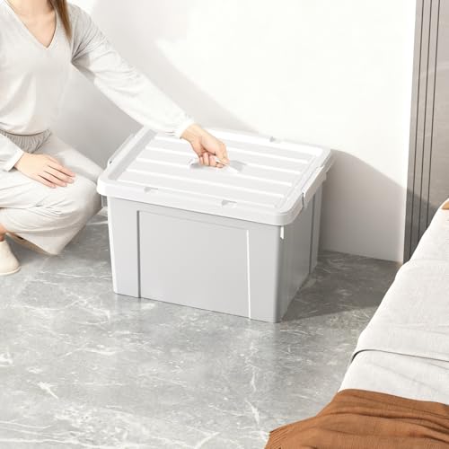 Cetomo 45L*4 Aufbewahrungsboxen, Tragbare Plastikboxen mit Deckeln, Organizer-Behälter mit Griff und Clips, Stapelbar, Ineinander Nestbar, für Zuhause und Büro, Grau, 45L-4er Pack