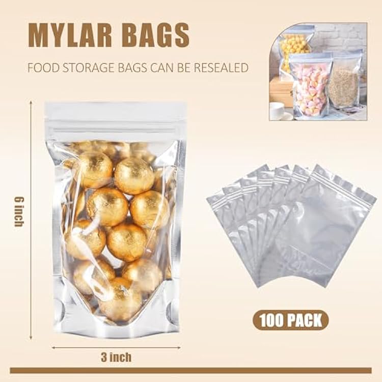 100 PACK Mylar Bags for Food Storage and Resealable Bags for Small Business Packaging Supplies Great for Party Favor Food Storage Bags(Silver, 3x6Inches)